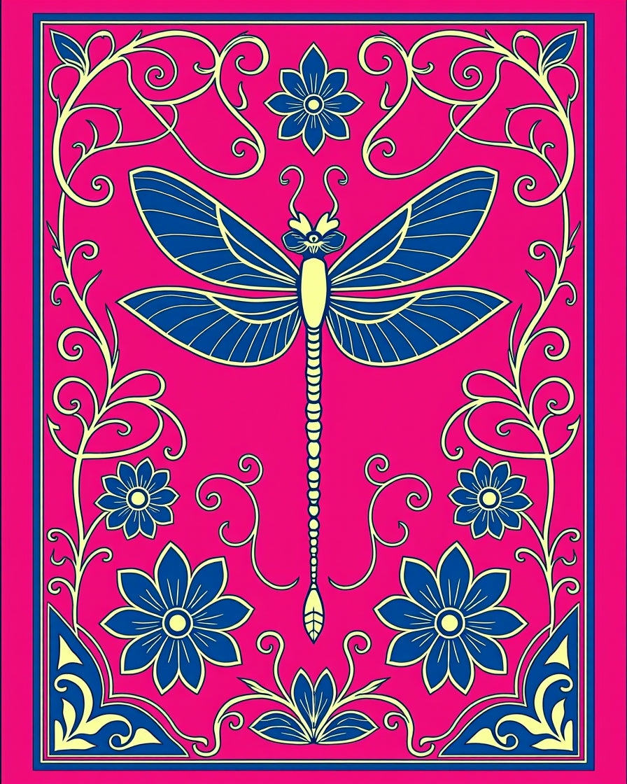 Vibrant Pink Blue Dragonfly Floral Border Rug