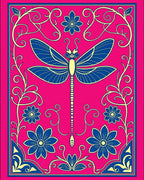 Vibrant Pink Blue Dragonfly Floral Border Rug