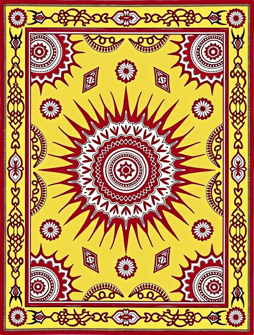 Crimson Sunburst Yellow Tribal Medallion Rug