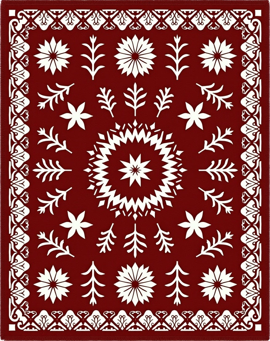 Deep Red Floral Branch Border Rug