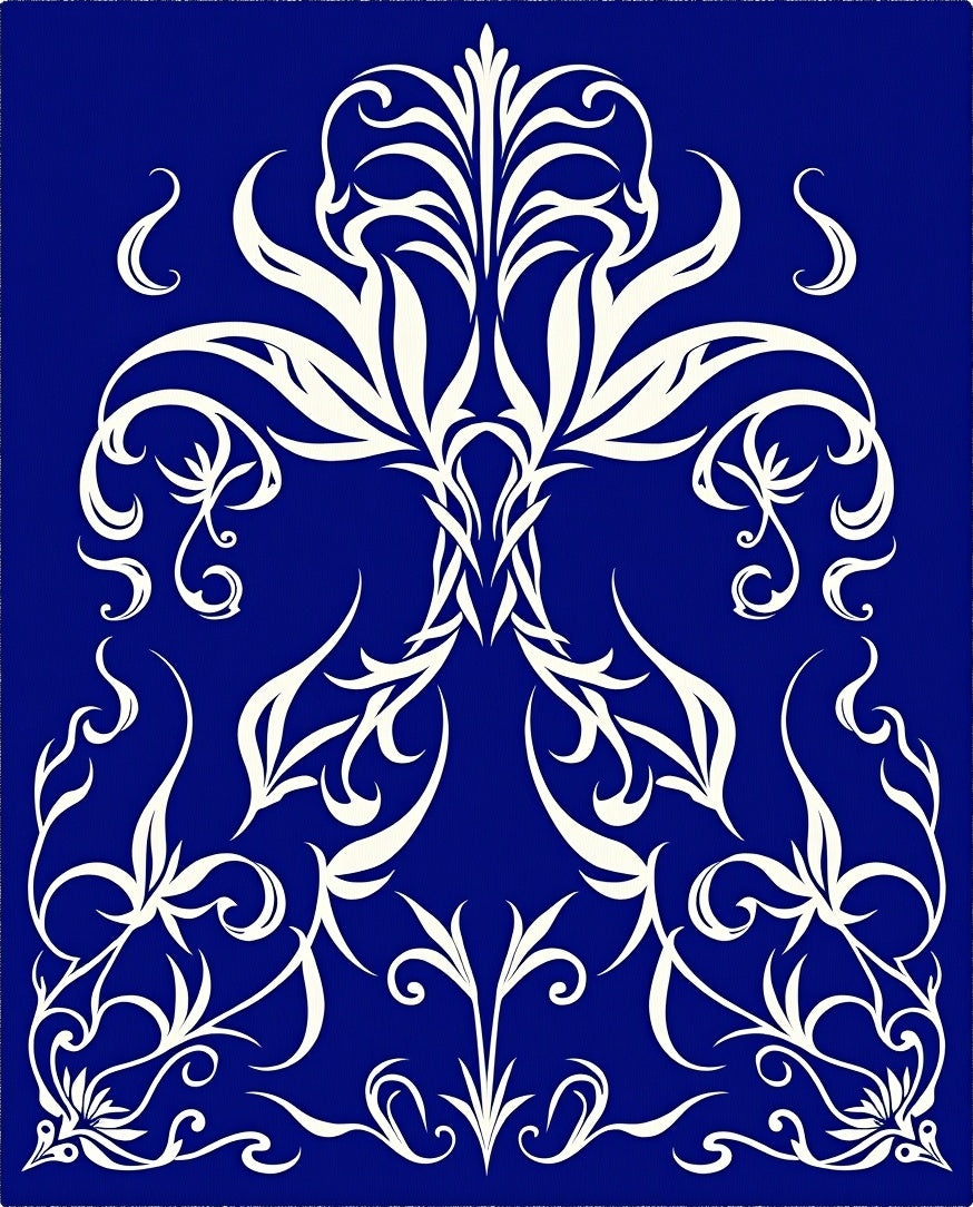 Deep Blue Ivory Floral Swirl Rug