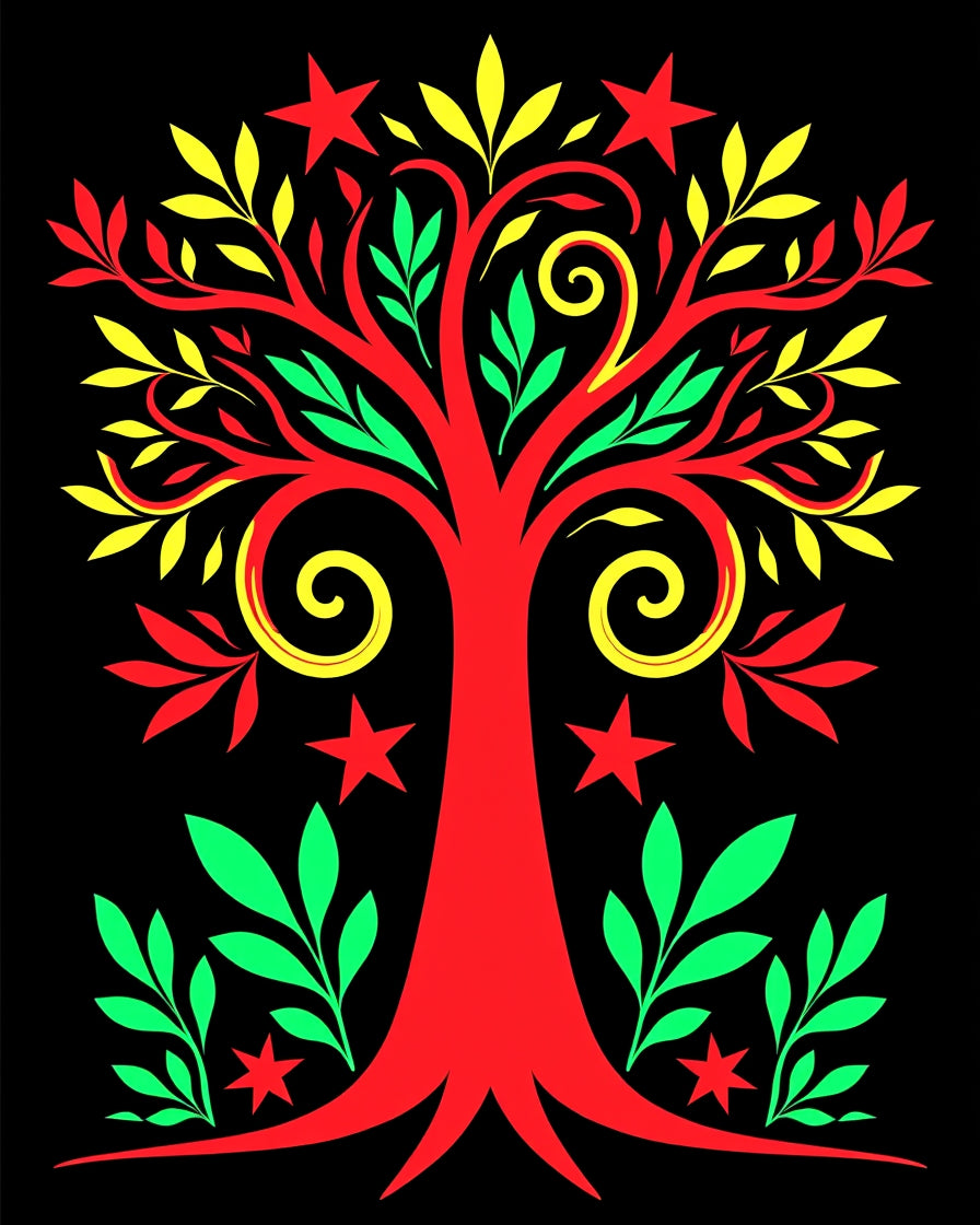 Bold Red Tree Stars Green Leaves Rug