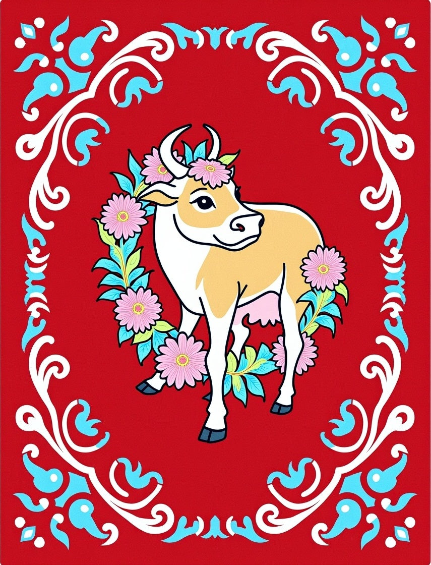 Red Floral Cow Garland Rug
