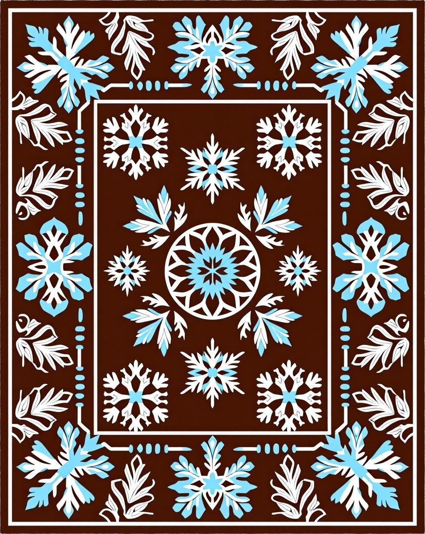 Brown White Blue Snowflake Medallion Rug