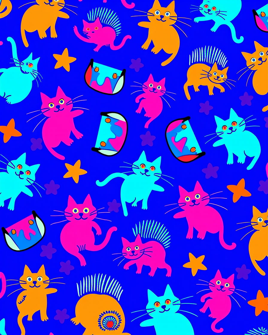 Vivid Blue Cartoon Cats Stars Rug