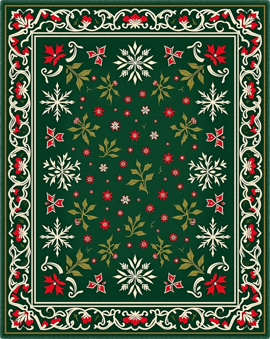 Festive Green Poinsettia Snowflakes Border Rug