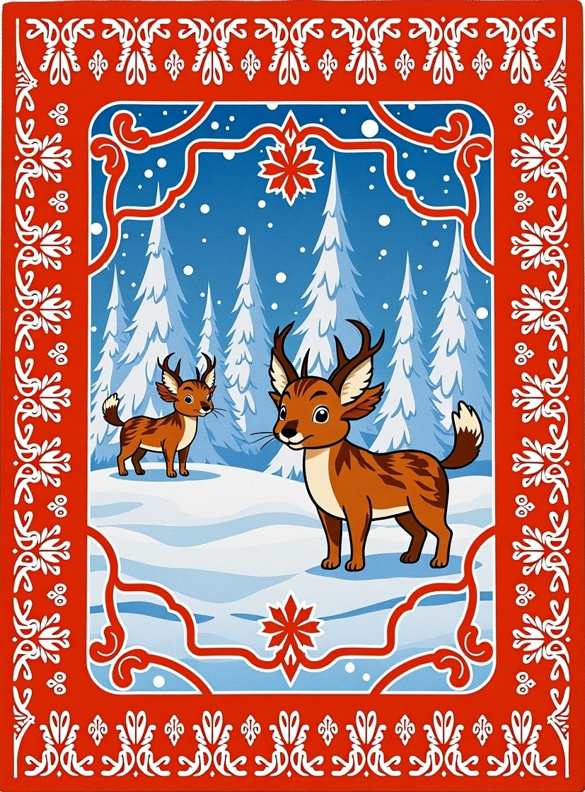 Whimsical Winter Deer Forest Scene Rug