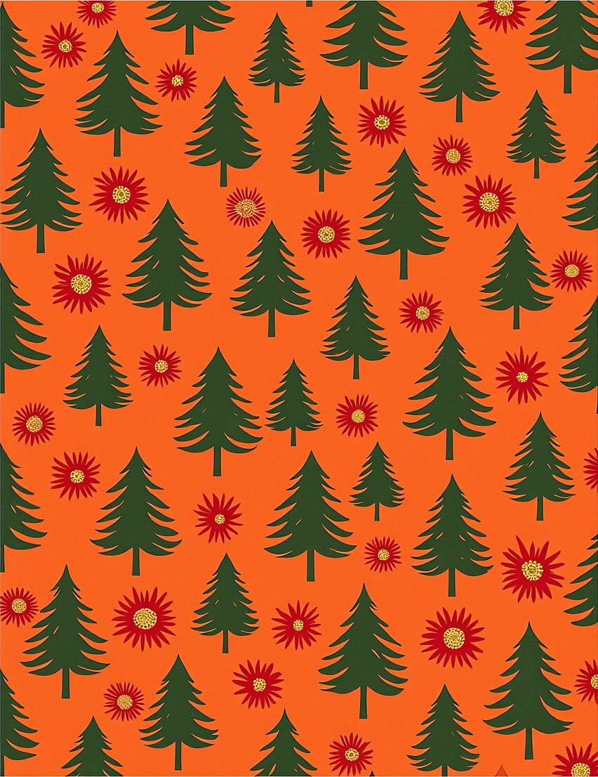 Evergreen Trees Red Floral Orange Rug