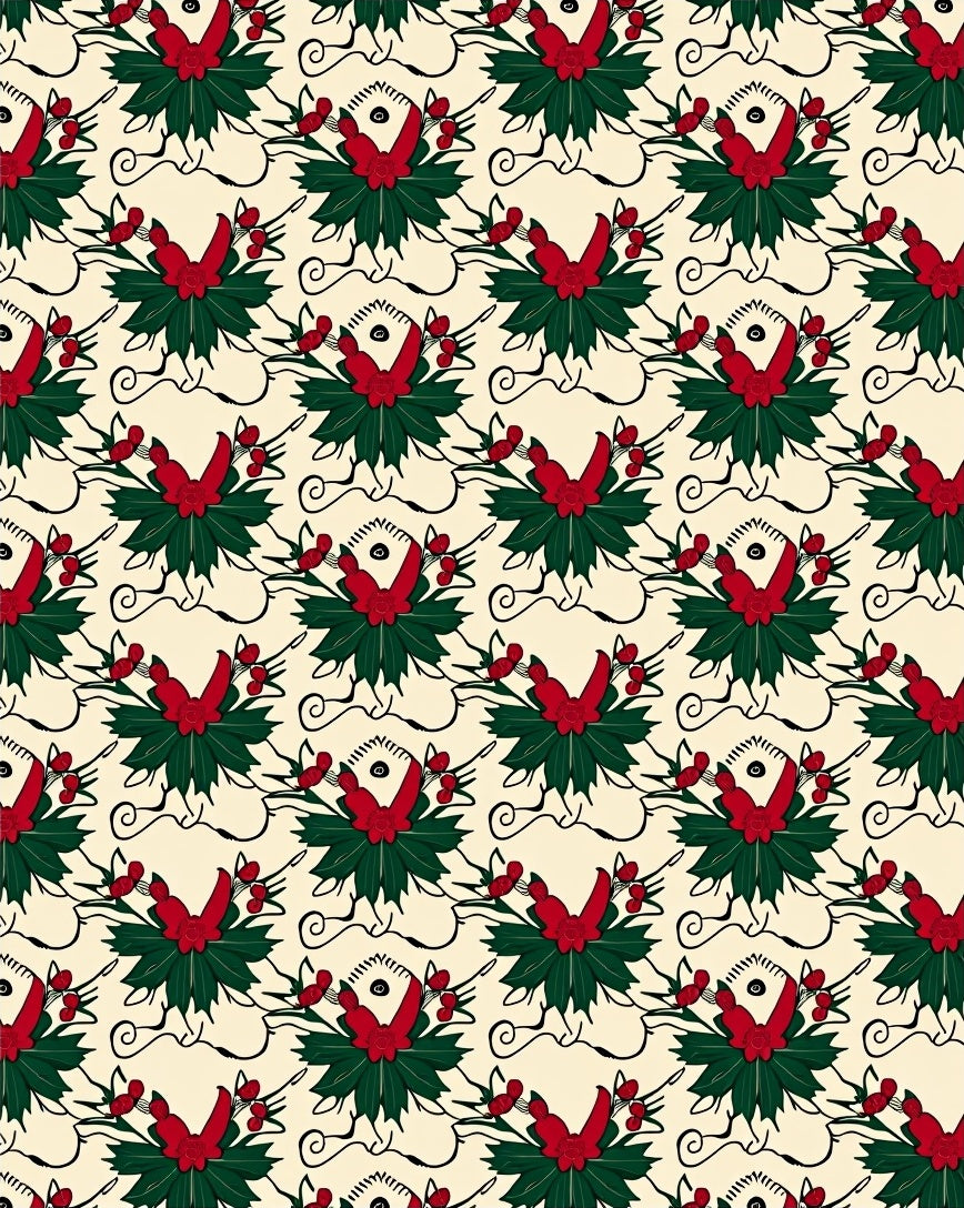 Cream Red Green Holly Berry Garland Rug