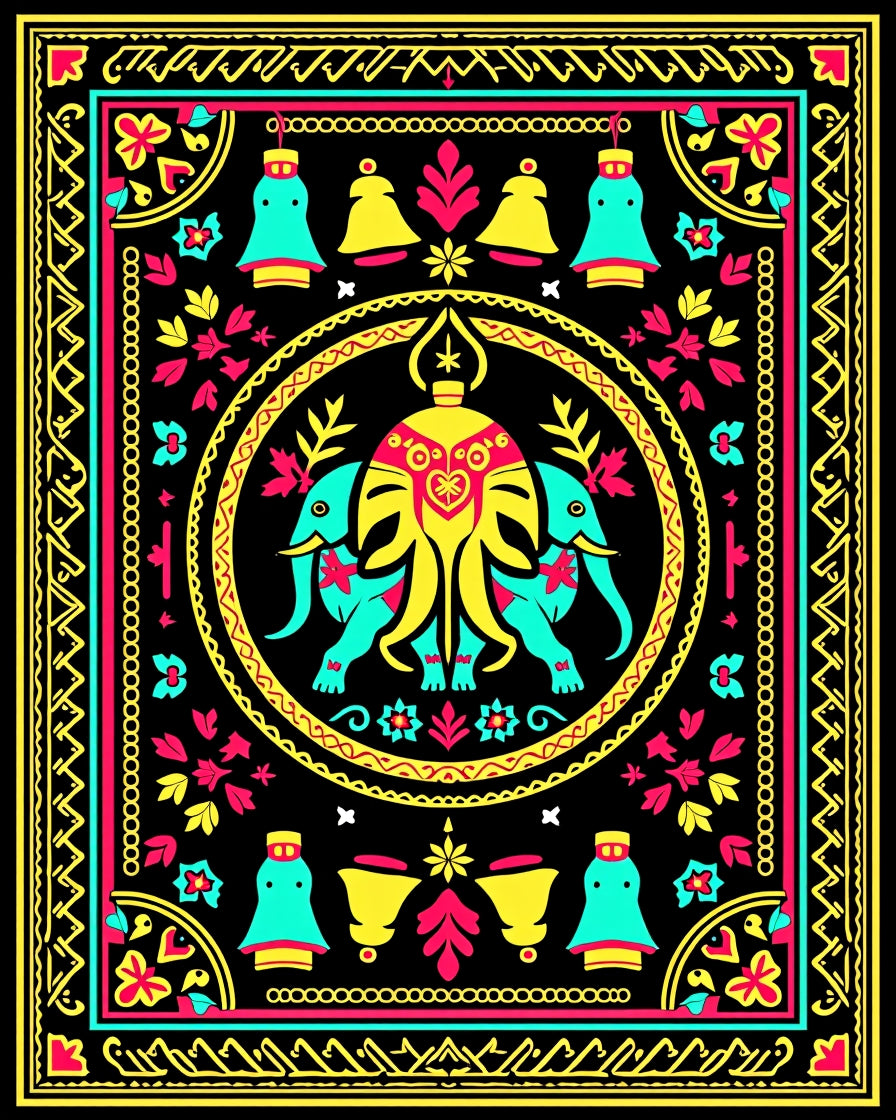 Vibrant Teal Yellow Elephant Medallion Rug