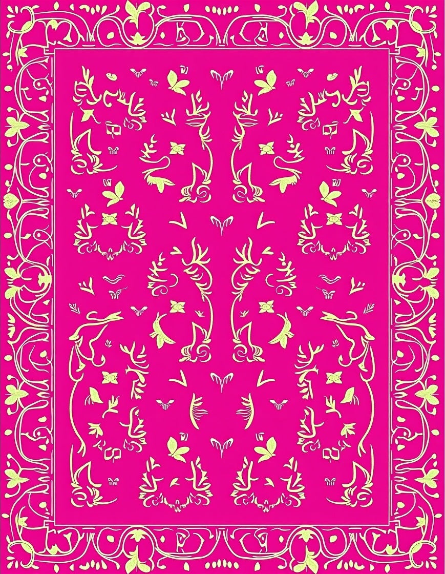 Bright Pink Yellow Floral Scroll Border Rug