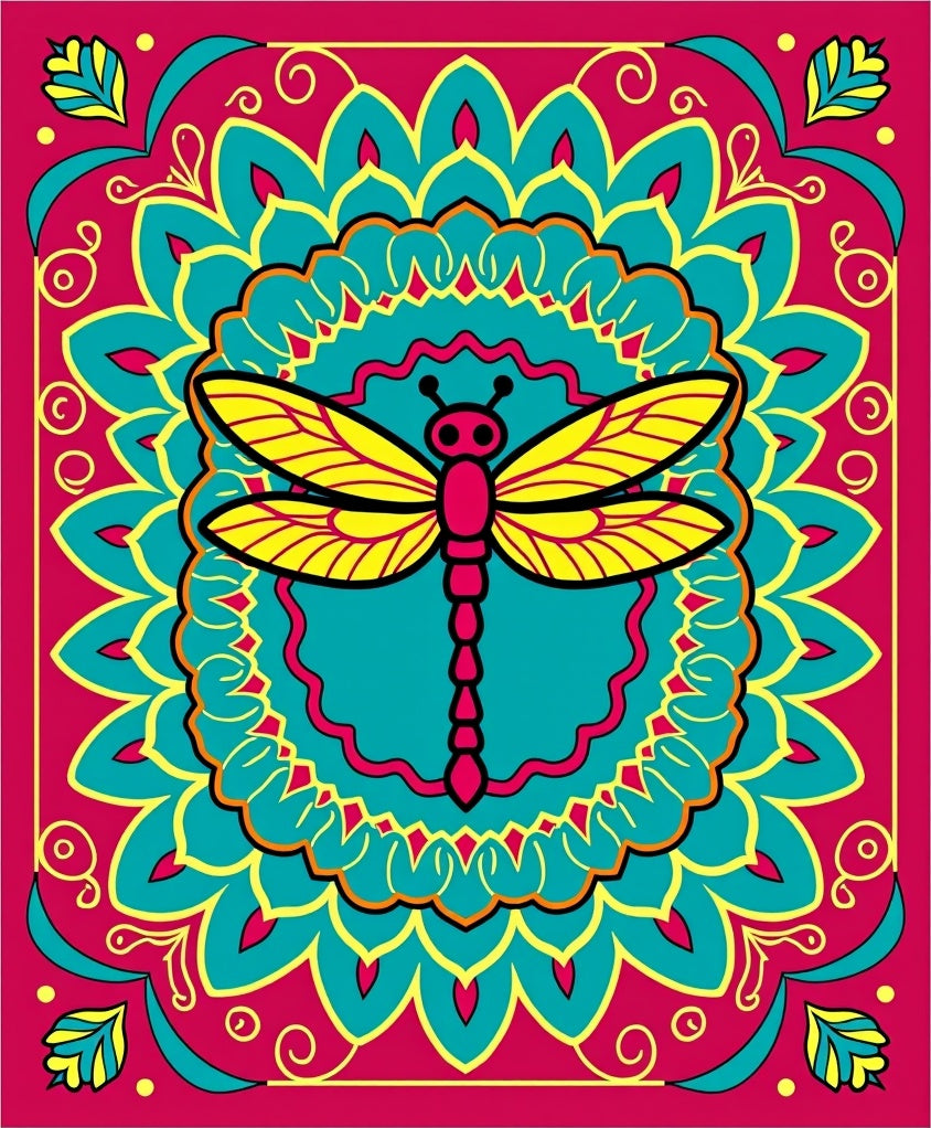 Vibrant Dragonfly Mandala Teal Pink Yellow Rug