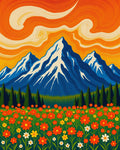 Vibrant Orange Sky Floral Mountain Landscape Rug