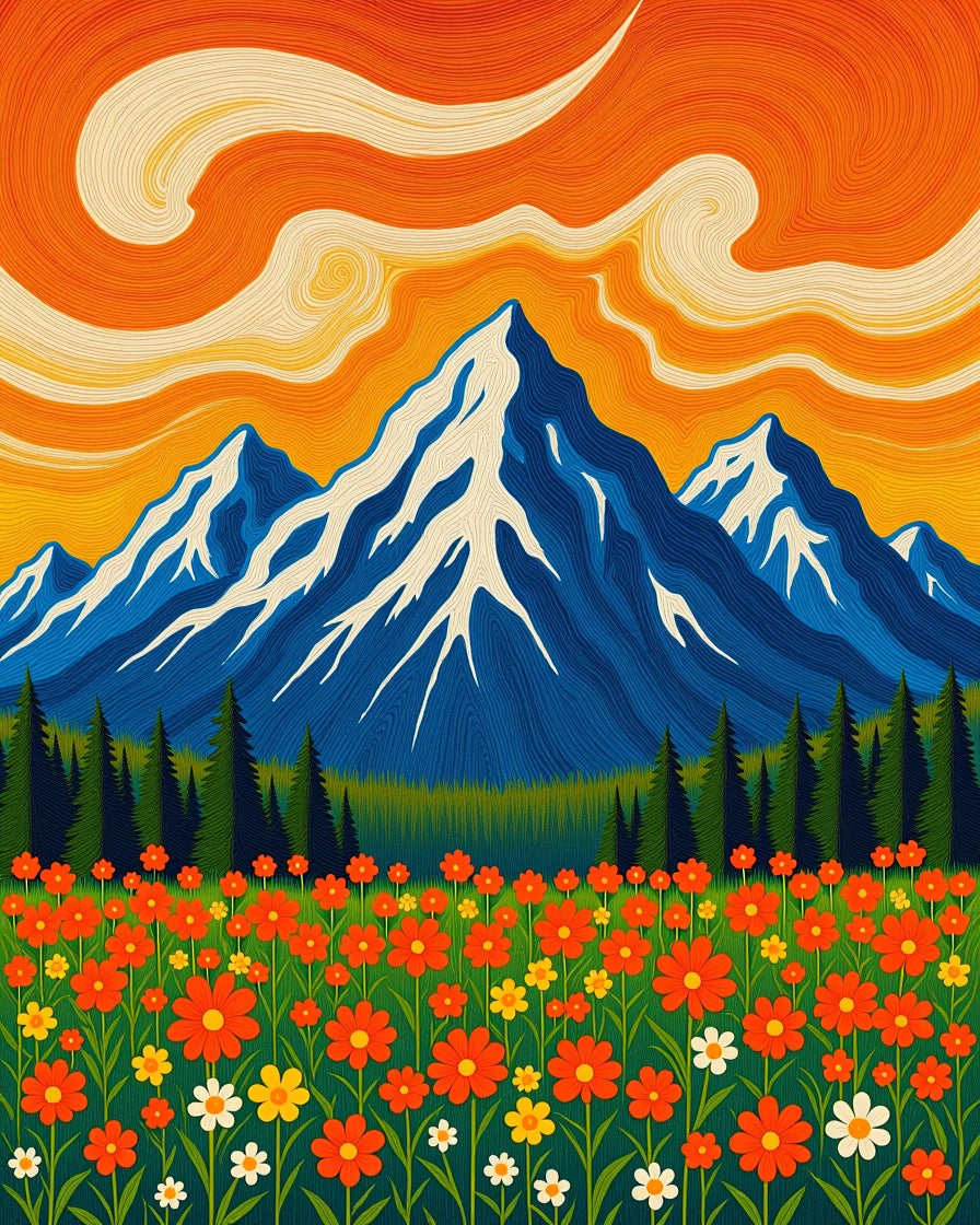 Vibrant Orange Sky Floral Mountain Landscape Rug