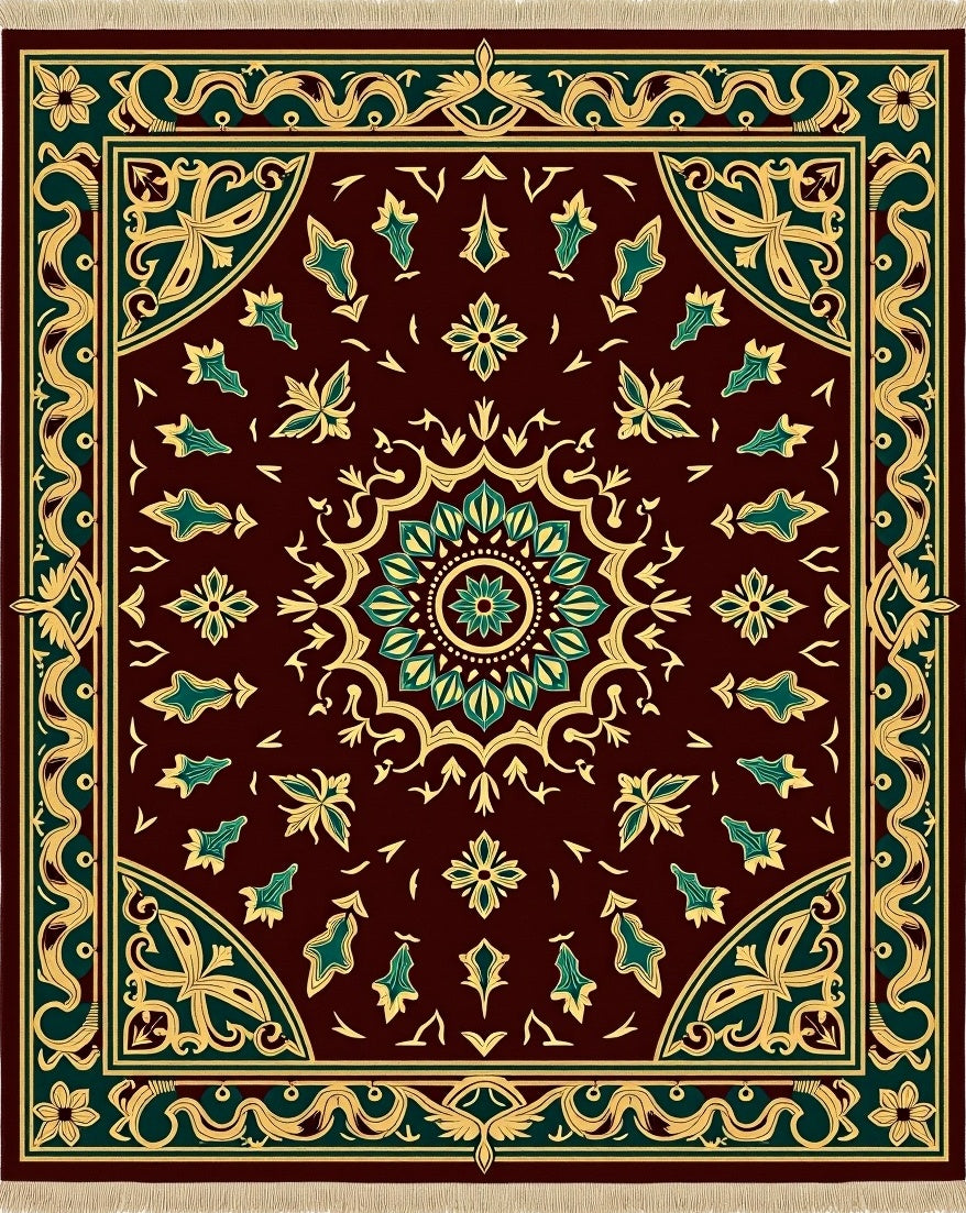 Maroon Green Gold Medallion Garden Rug