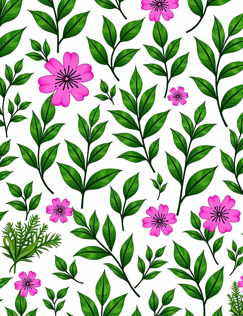 Pink Flowers Green Leaves Botanical Harmony Rug
