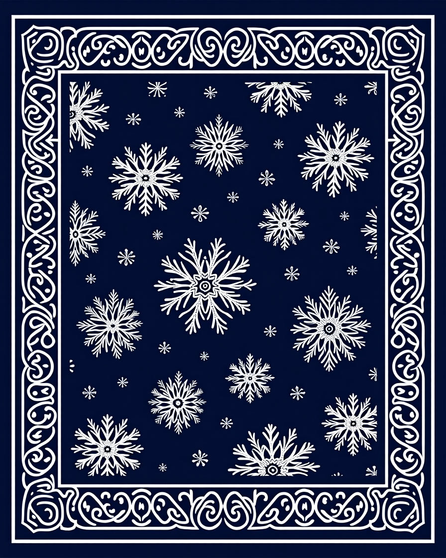 Deep Blue Snowflake Scrollwork Border Rug