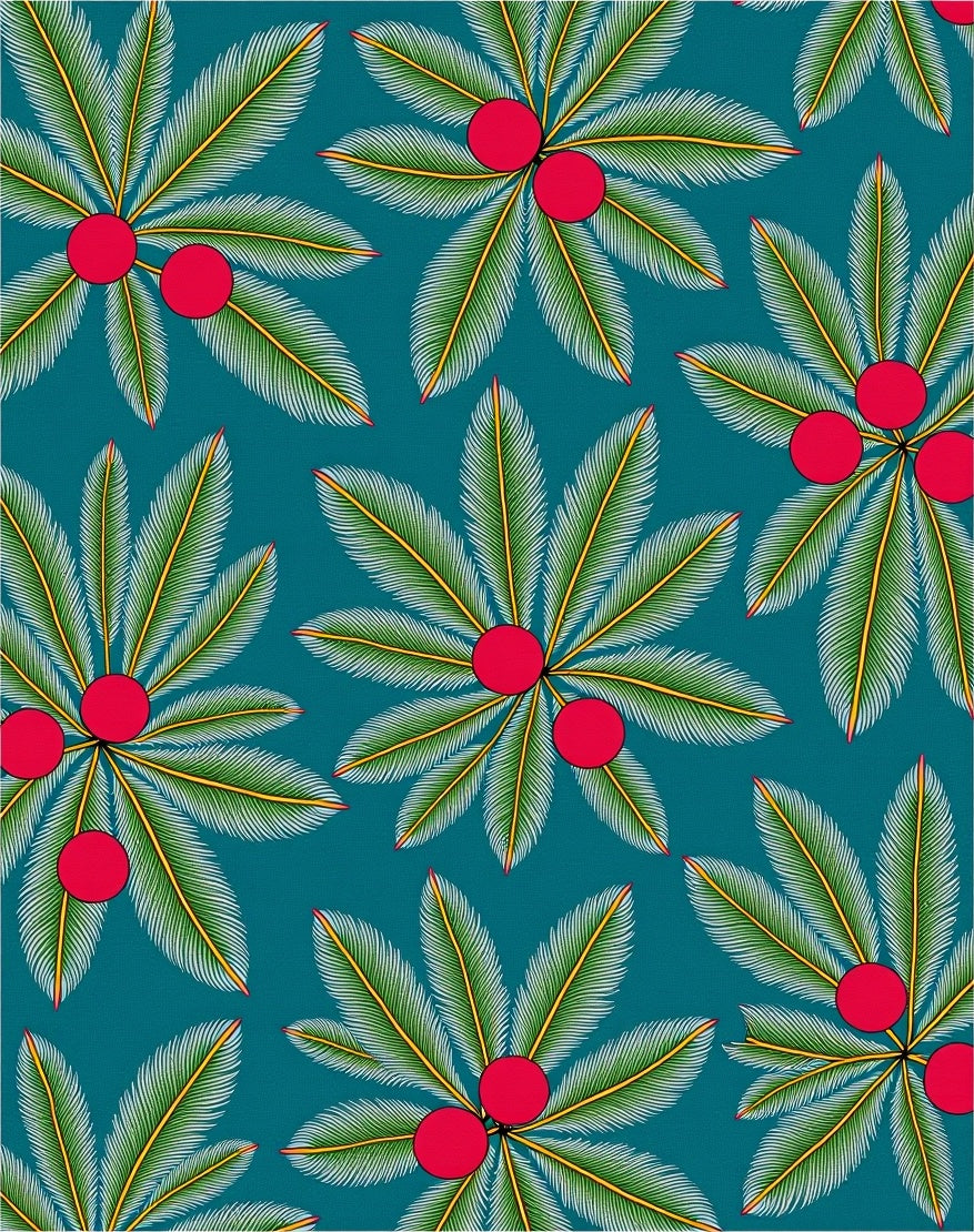 Teal Tropical Palm Leaf Red Berry Rug