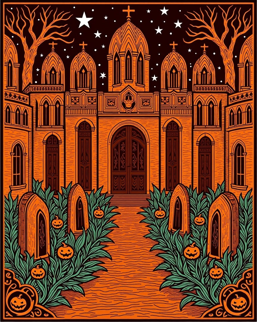 Spooky Orange Gothic Castle Pumpkins Rug