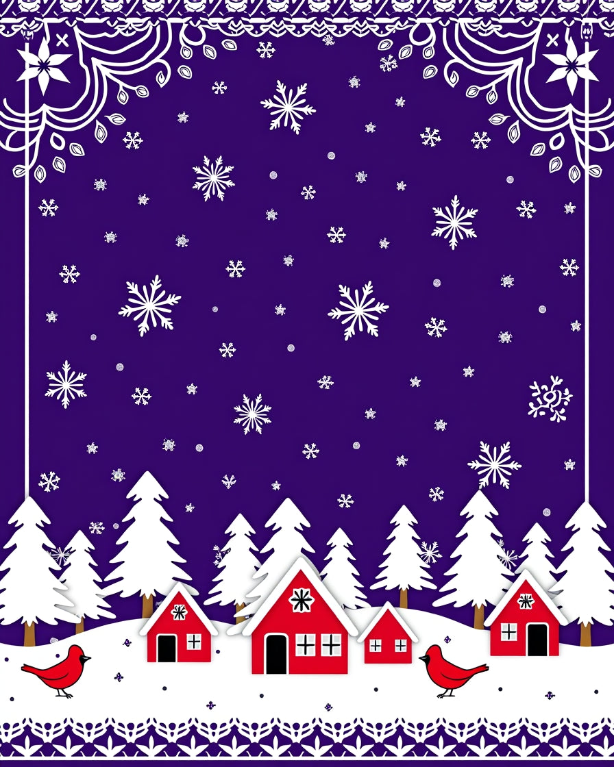 Winter Village Red House Snowflake Scene Rug