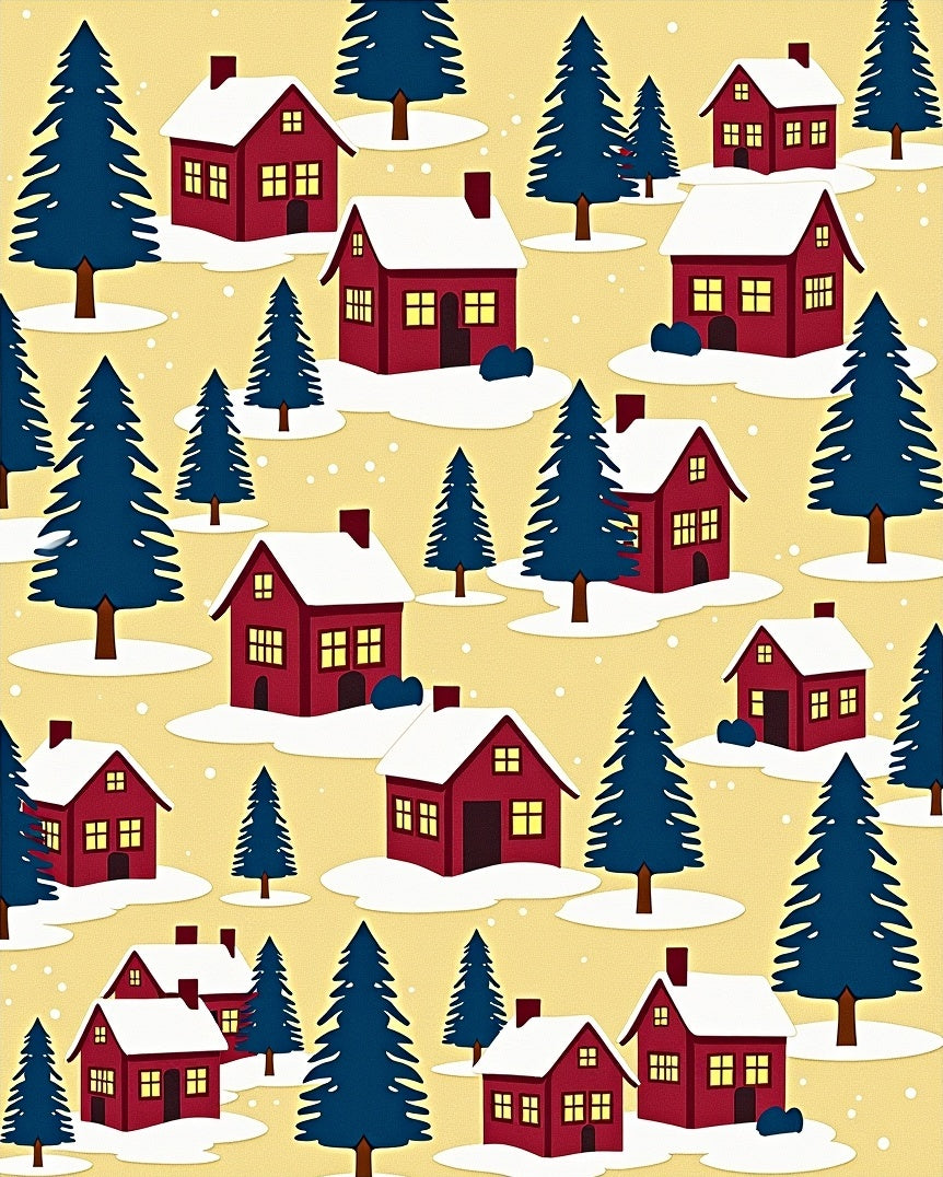 Cozy Red Houses Snowfall Forest Backdrop Rug