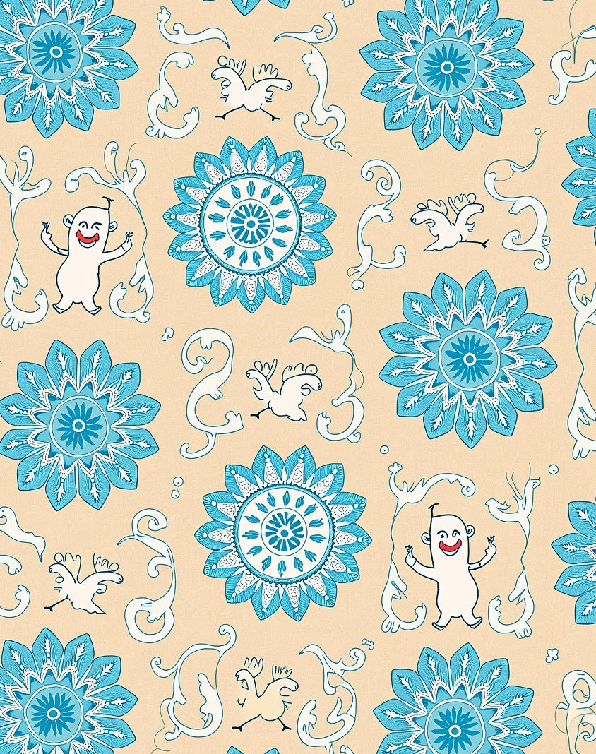 Whimsical Blue Floral And Creature Medallion Rug