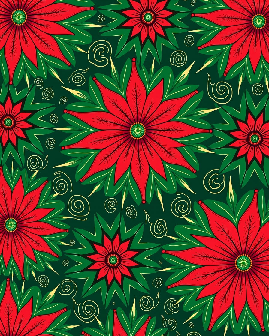 Vibrant Red Green Floral Swirl Rug