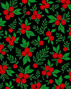 Red Berry Green Foliage Black Background Rug