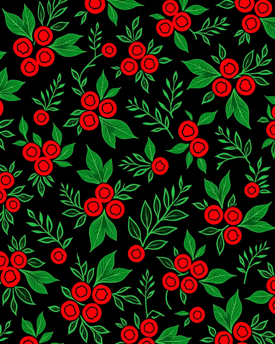 Red Berry Green Foliage Black Background Rug