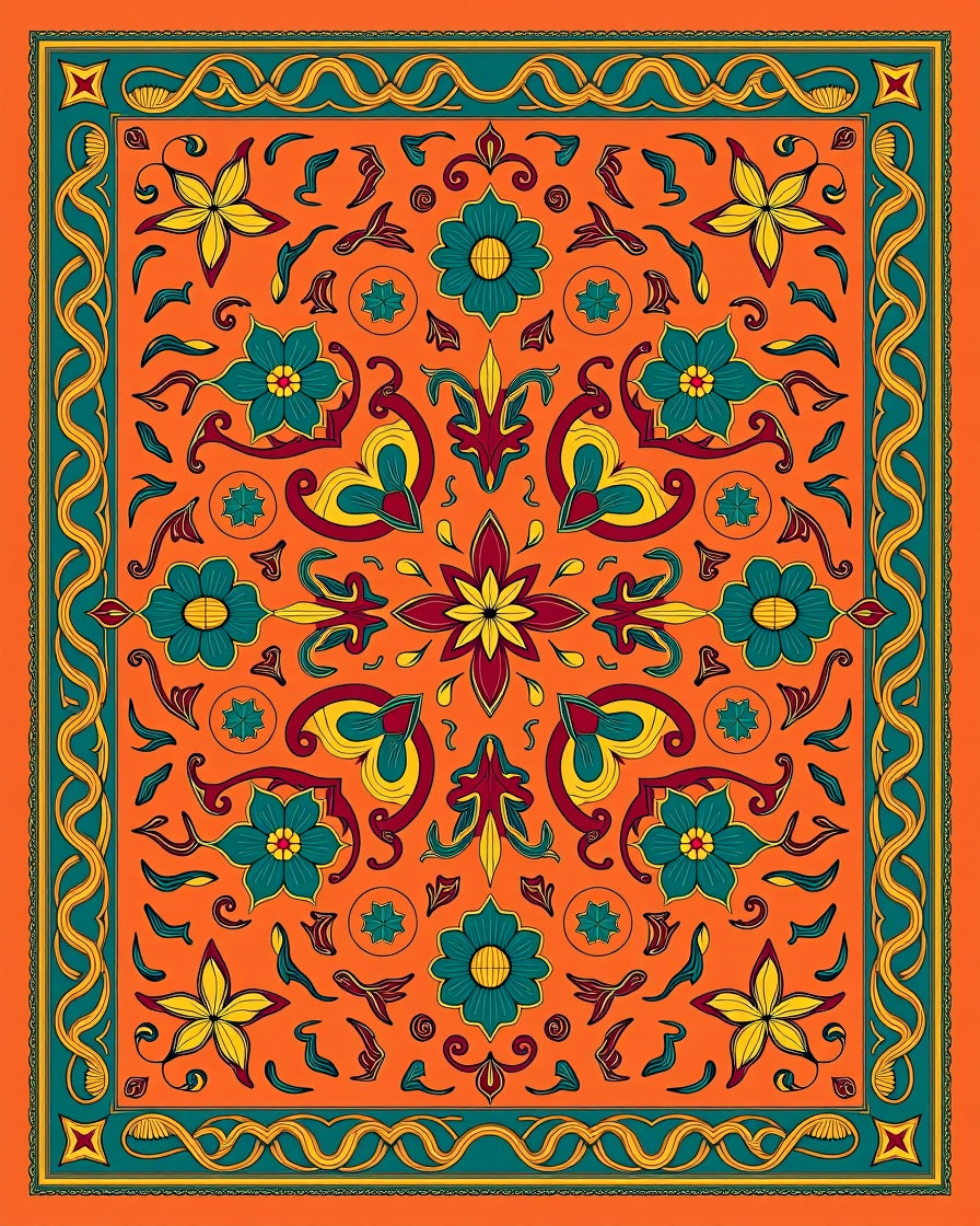 Vibrant Orange Floral Medallion Border Rug