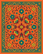 Vibrant Orange Floral Medallion Border Rug