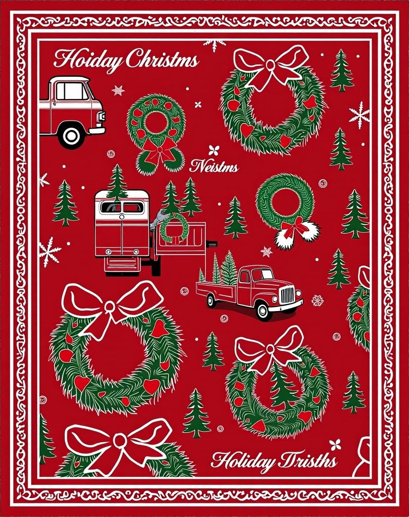 Merry Christmas Holiday Trucks Wreaths Trees Rug
