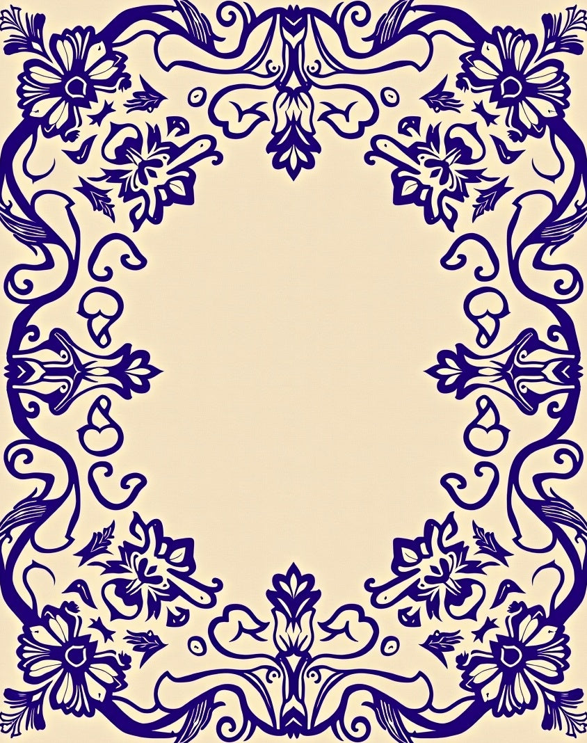 Deep Blue Floral Scroll Frame Rug