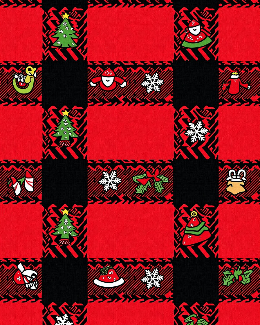 Red Black Buffalo Plaid Christmas Icons Rug