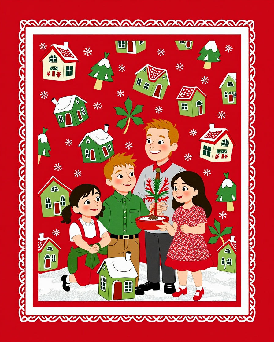 Merry Christmas Family Village Scene Rug