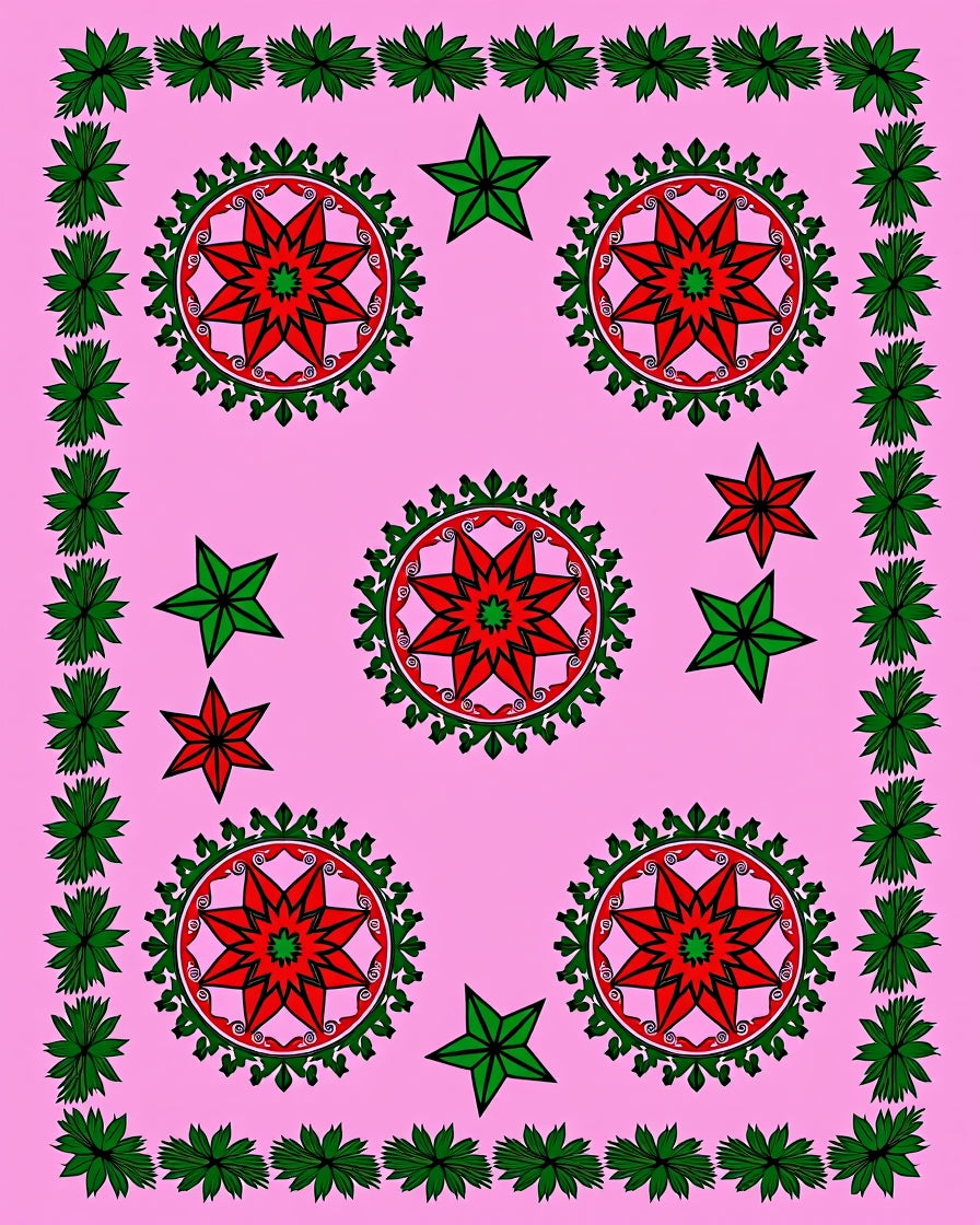 Pink Red Green Star Medallion Border Rug