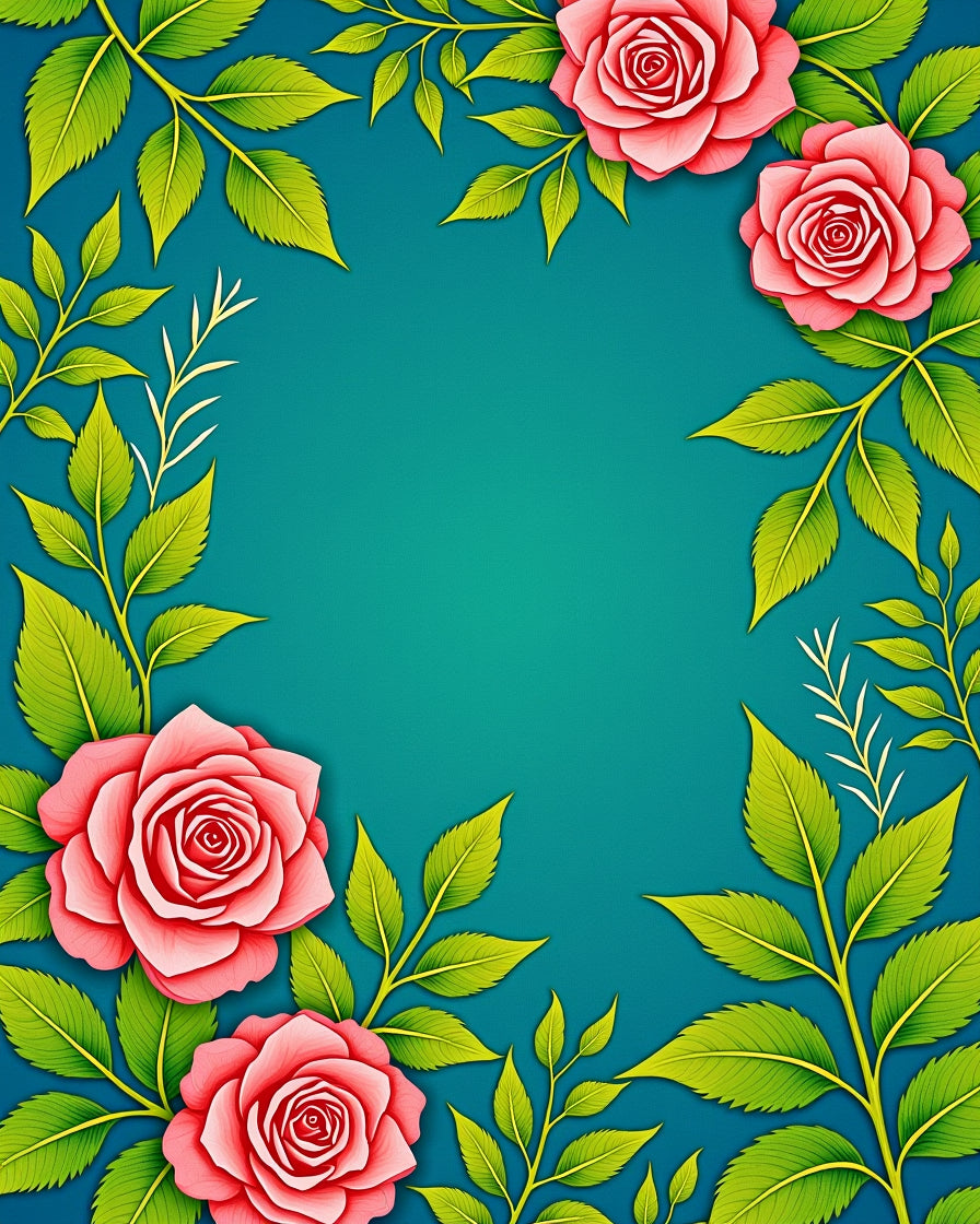 Coral Pink Rose Vine Border Rug