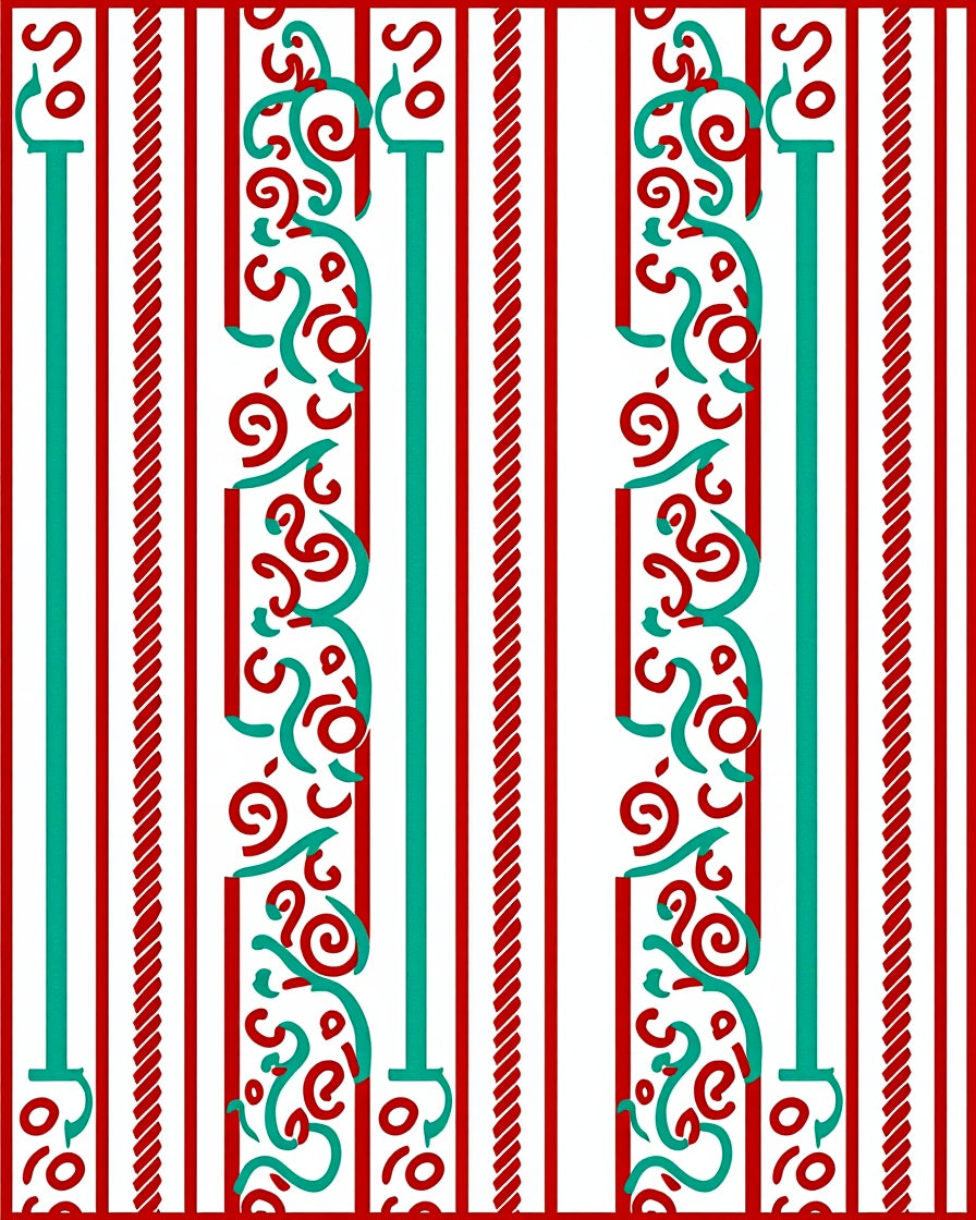 Red Teal Vertical Stripe Swirl Rug
