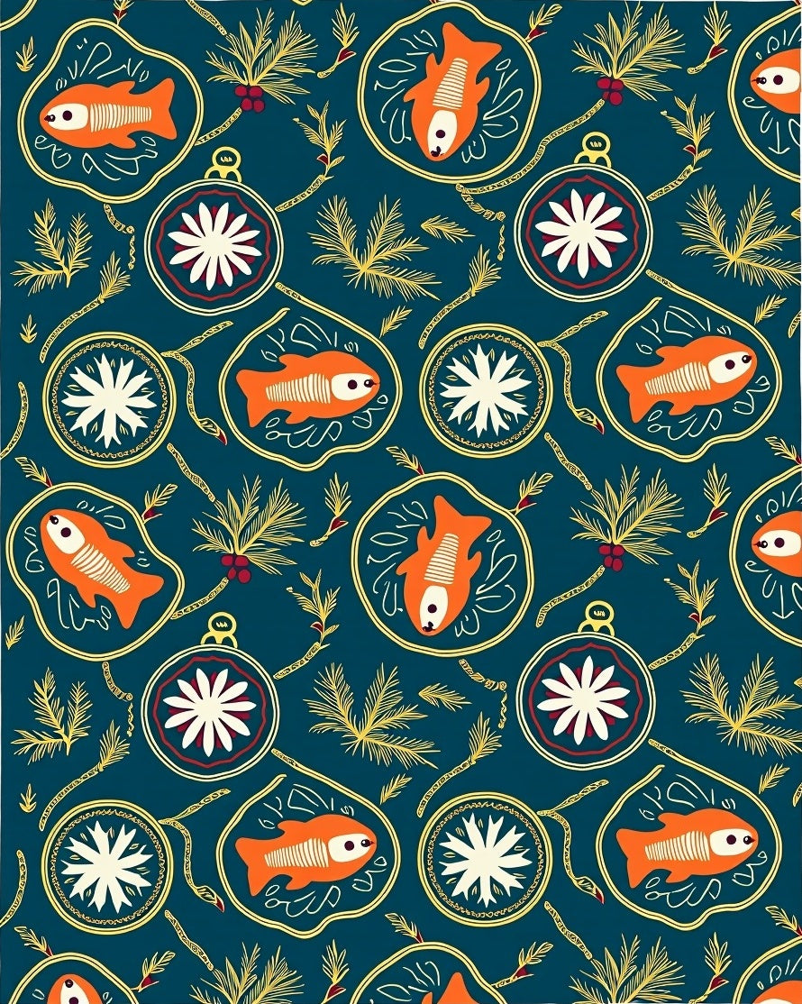 Orange Fish Pine Branch Ornament Rug