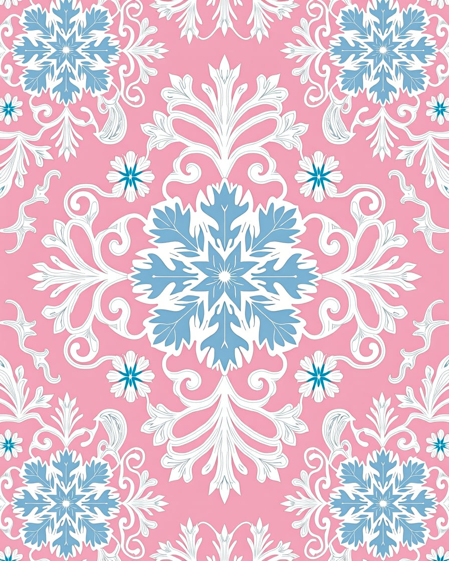 Pink Blue Snowflake Floral Scroll Rug