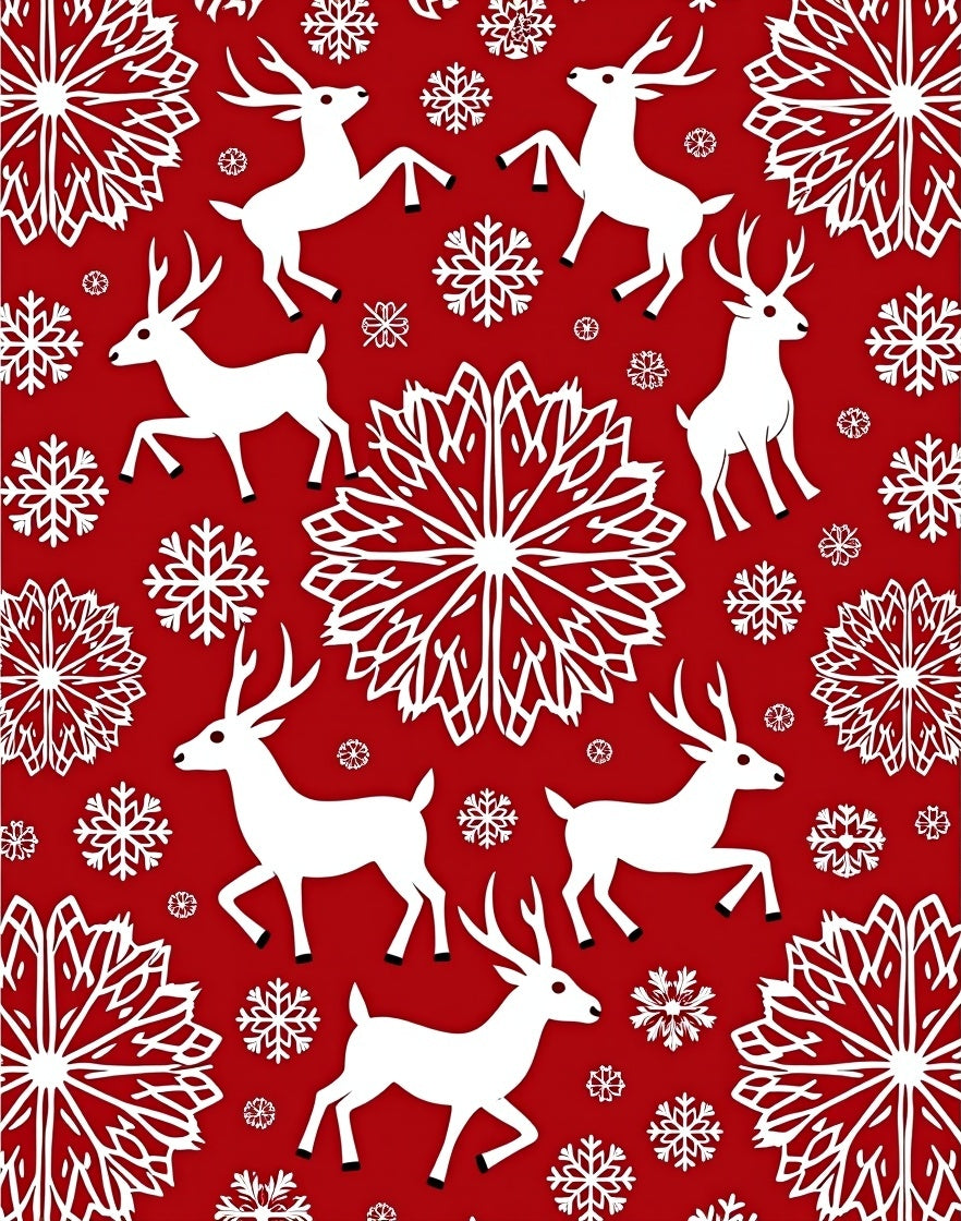 Red White Deer Snowflake Scene Rug