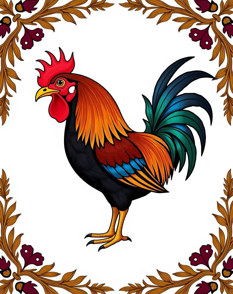 Vibrant Rooster Red Orange Teal Floral Rug