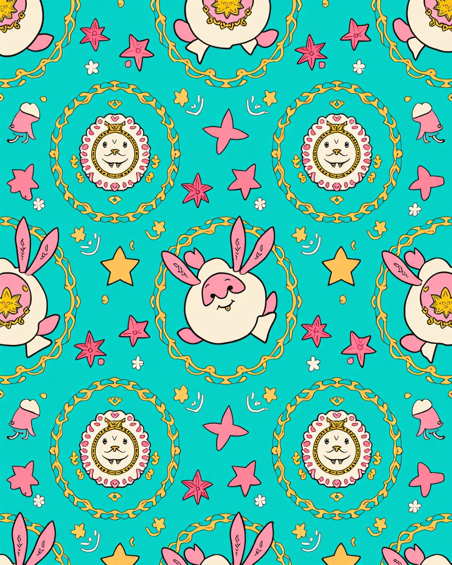 Whimsical Pink Rabbit And Lion Medallion Rug