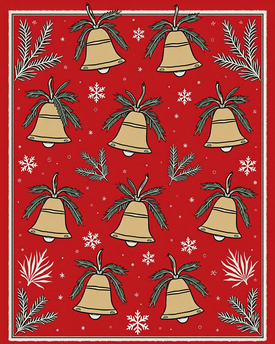 Gold Bell Sprig Snowflake Red Rug