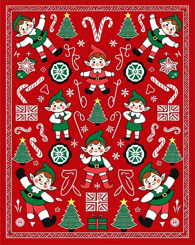 Red Holiday Elves Christmas Trees Candy Canes Rug