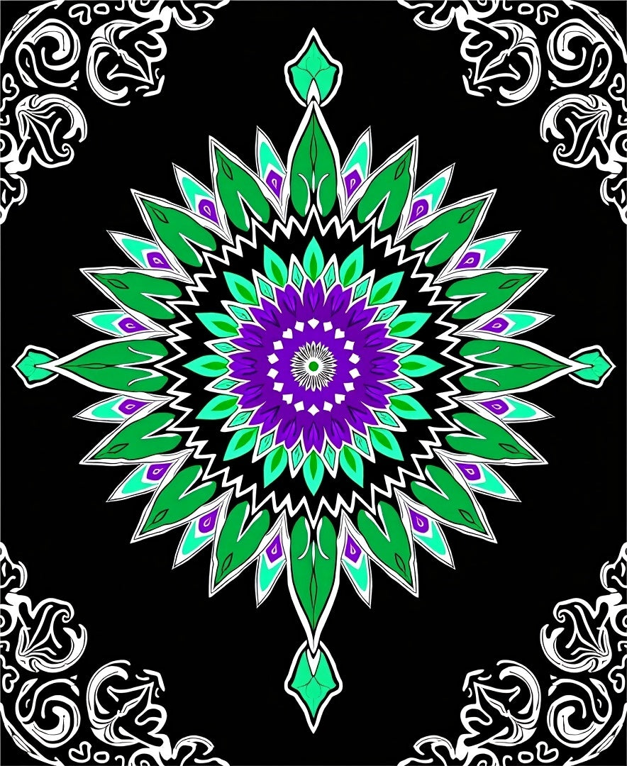 Radiant Purple Green Starburst Mandala Rug