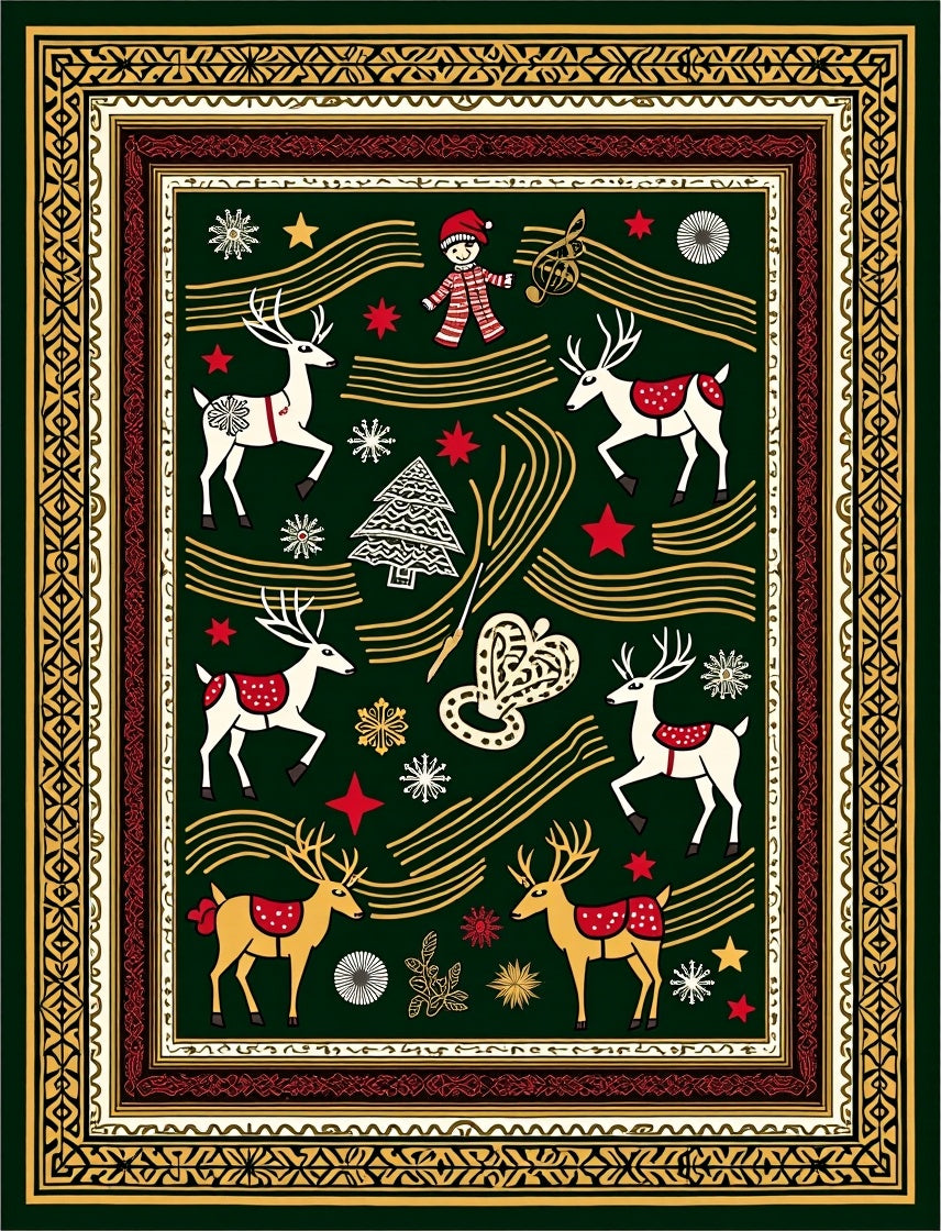 Festive Green Reindeer And Snowflakes Rug