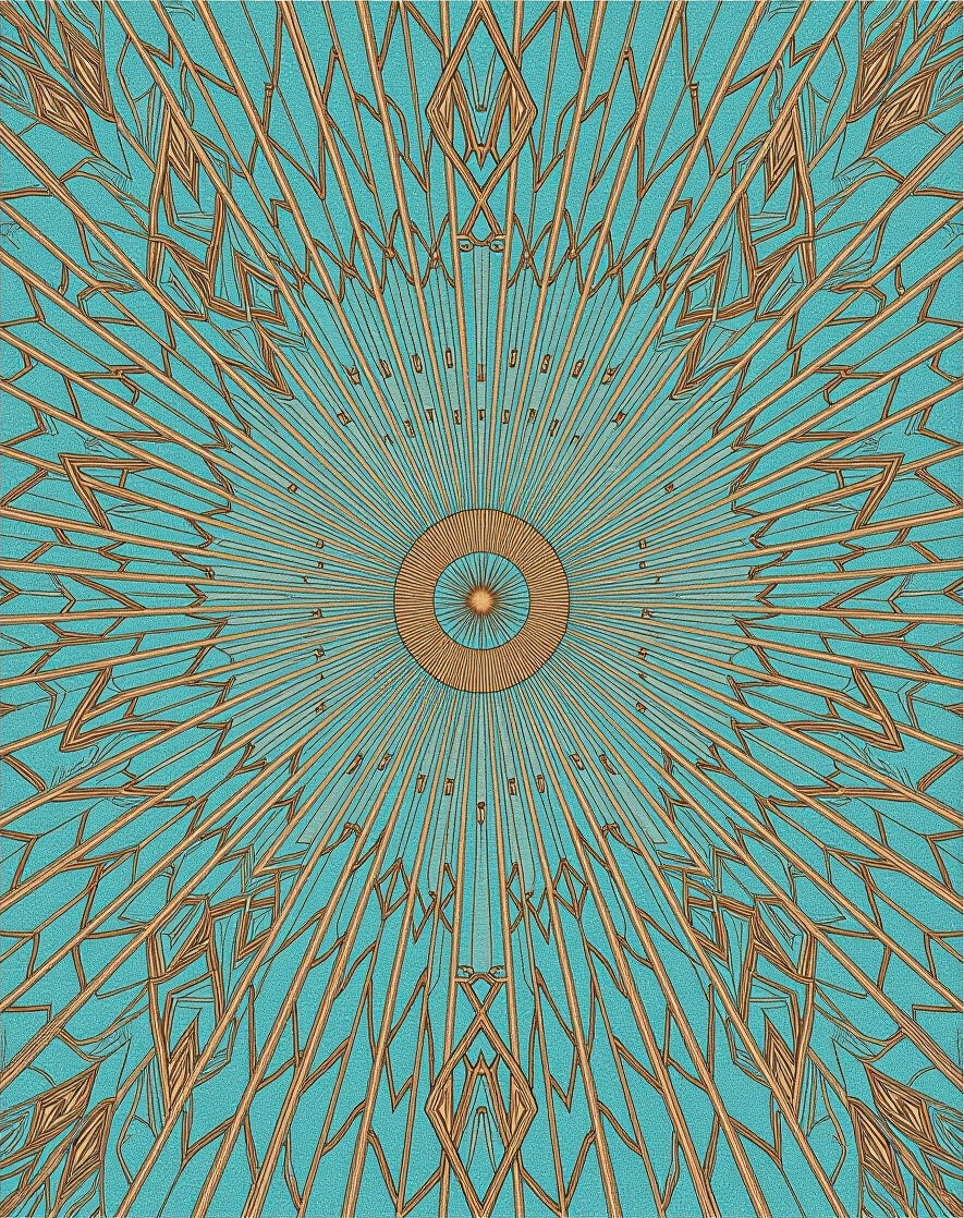 Abstract Teal Golden Sunburst Rug