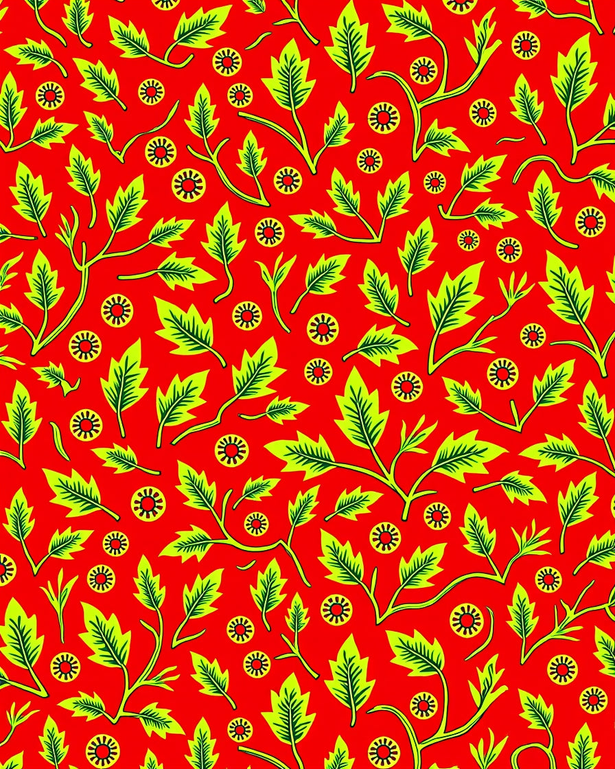 Vibrant Red Green Leaf Floral Rug
