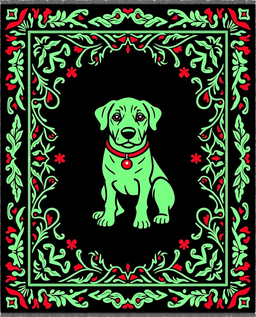 Whimsical Green Dog Floral Border Rug